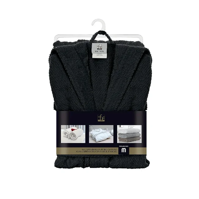 Accappatoio Bagno Con Cappuccio Tasche e Cintura Taglia S Feridras “Gold ” Nero