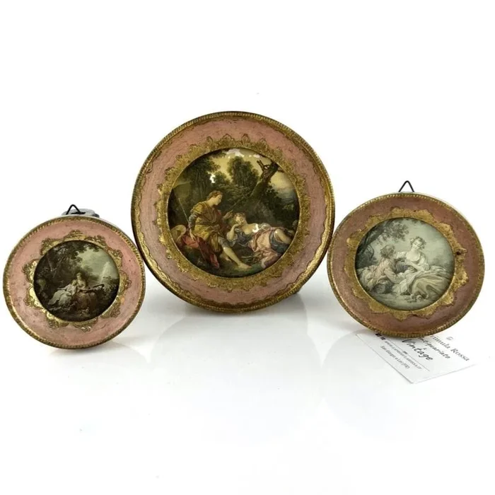 Antico quadretto trio di quadri oro rosa vintage miniature stampe scene Galanti