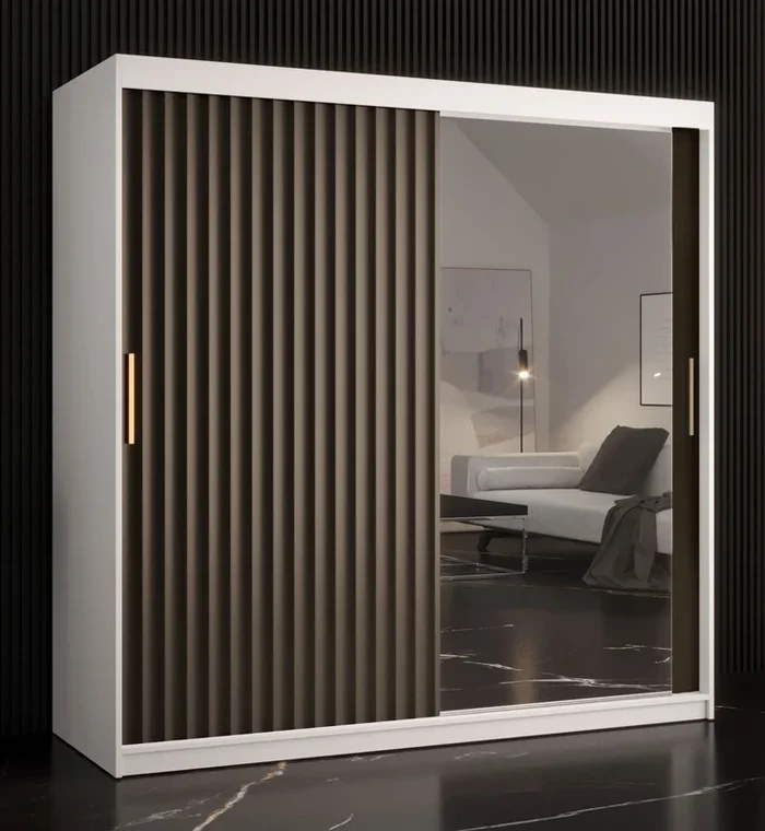 Armadio 10 scomparti Balmenhorn 86, bianco opaco / nero opaco – 200 x 180 x 62 cm (h x l x p), con anta a specchio