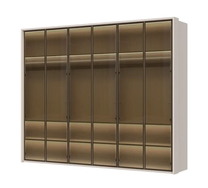 Armadio “Neiafu” 49, color cashmere, 3 barre appendiabiti, ante in vetro, illuminazione interna, Sistema “Soft-Close”, 224 x 272 x 56 cm