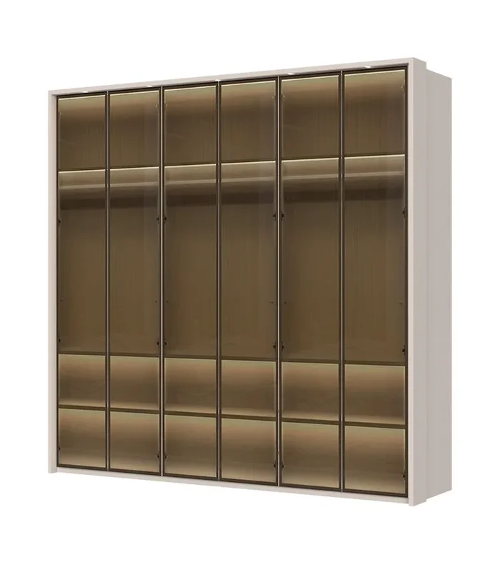 Armadio “Neiafu” 72, 5 ante in vetro, 3 barre appendiabiti, cornice a LED e illuminazione interna, sistema “Soft-Close”, 224 x 227 x 56 cm