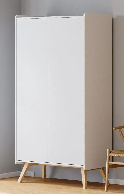 Armadio a due ante Aleksander 04, colore: bianco / rovere, sette scomparti, un appendiabiti, dimensioni: 200 x 100,5 x 58 cm