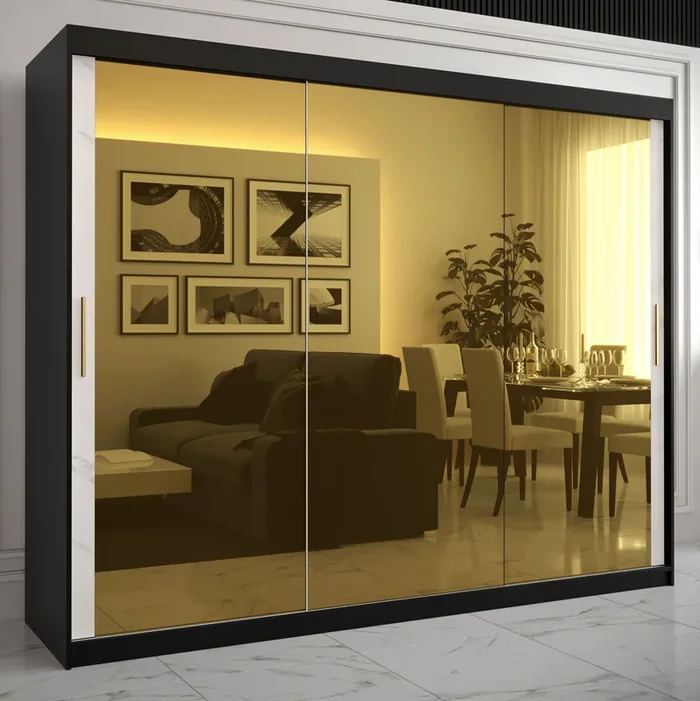 Armadio a tre ante con ampio spazio di archiviazione Hochfeiler 94, colore: nero / marmo bianco – Dimensioni: 200 x 250 x 62 cm (A x L x P), con tre specchi e 10 vani