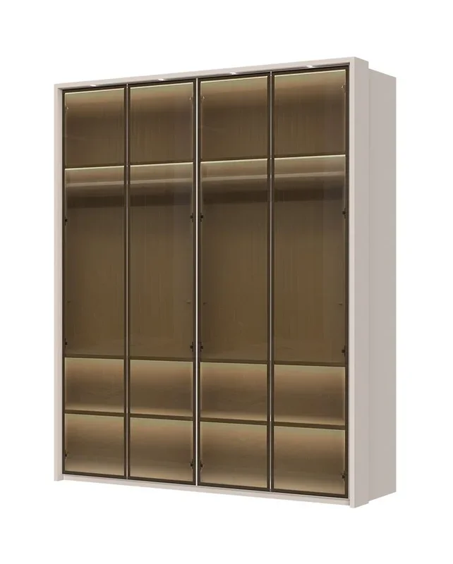 Armadio ad ante battenti “Neiafu” 67, color cashmere, ante in vetro, 6 ripiani, 2 barre appendiabiti, illuminazione interna, Sistema “Soft-Close”, 224 x 182 x 56 cm