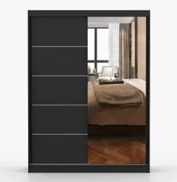 Armadio ad ante scorrevoli “Bucegi” 32, nero, 2 ante, con specchio, 6 scomparti, 1 barra appendiabiti, maniglie: alluminio, 200 x 150 x 61 cm