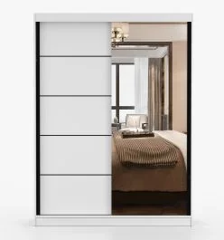 Armadio ad ante scorrevoli “Bucegi” 39, bianco, 2 ante, con specchio, 6 scomparti, 1 barra appendiabiti, maniglie: alluminio / 200 x 150 x 61 cm
