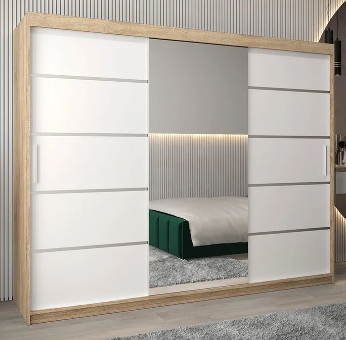 Armadio ad ante scorrevoli Jan 06B con specchio, rovere Sonoma / bianco opaco – 200 x 250 x 62 cm ( H x L x P)