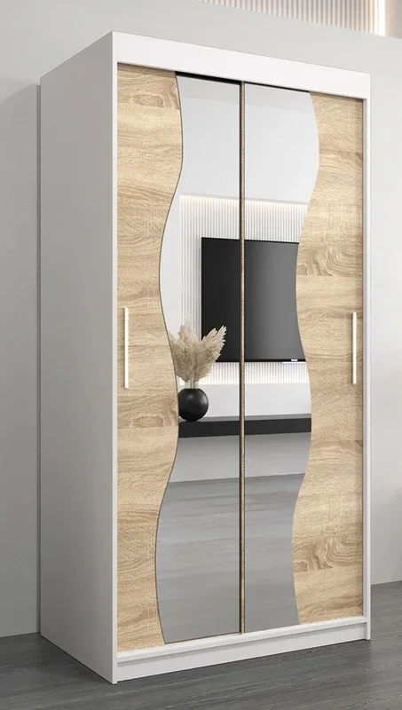 Armadio ad ante scorrevoli Robinyera 01 con specchio, bianco opaco / rovere Sonoma – 200 x 100 x 62 cm (h x l x p)