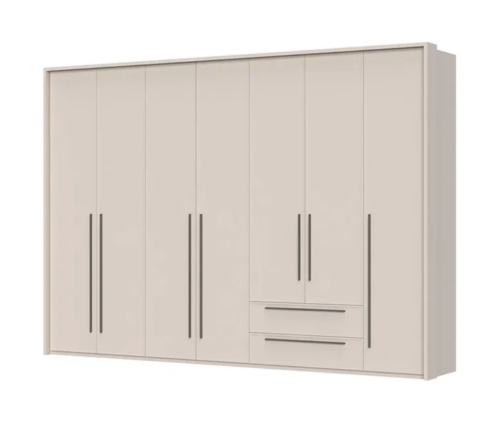 Armadio con cornice “Neiafu” 54, color cashmere, 226 x 322 x 60 cm, 7 ante, 2 cassetti, 4 barre appendiabiti, Sistema “Soft-Close”