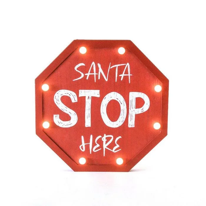 Cartello Santa Stop Hither per decorazione natalizia con LED a batteria 30 cm