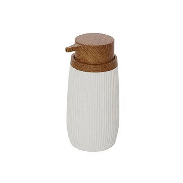 Dispenser per sapone tondo in plastica con decori effetto legno – London