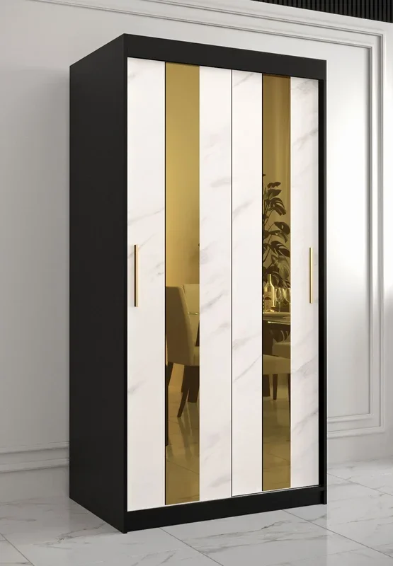 Elegante armadio Hochfeiler 02, colore: nero/marmo bianco – Dimensioni: 200 x 100 x 62 cm (A x L x P), con cinque scomparti