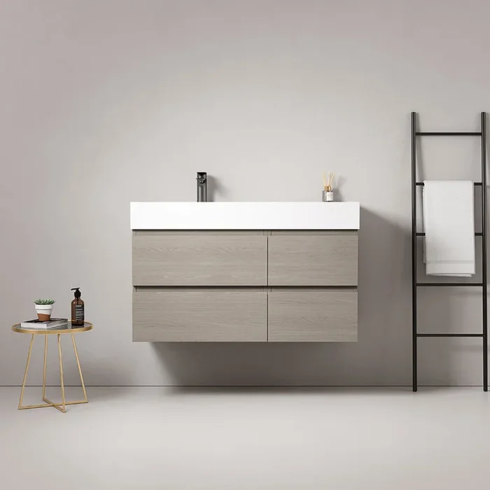 Fluid bagno sospeso 100 cm Beige Lavabo a Sinistra in Resina Senza Specchio – Fiji Wood