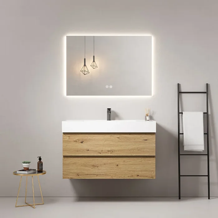 Fluid bagno sospeso 100 cm Bruno Medio Lavabo in Resina Specchio Quadro Retroilluminato – Fiji Wood