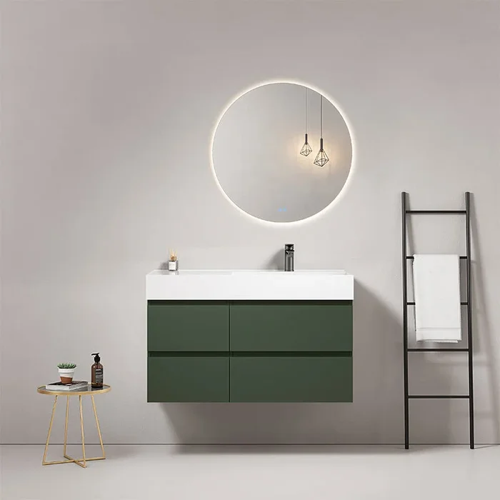 Fluid bagno sospeso 100 cm Verde Comodoro Lavabo a Destra in Resina Specchio Tondo Retroilluminato – Fiji Paint