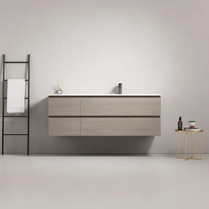 Fluid bagno sospeso 140 cm Beige Lavabo a Destra in Resina Senza Specchio – Fiji Wood