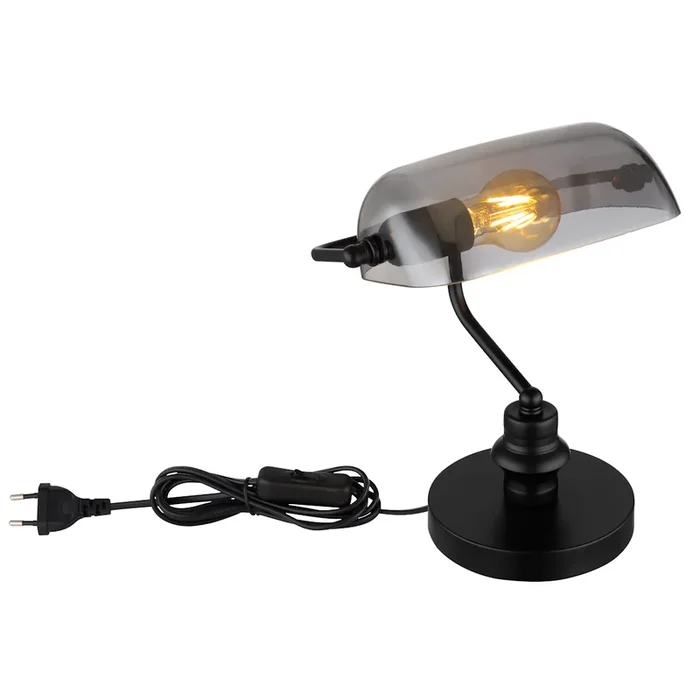 Lampada da Scrivania Moderna Antique in Metallo Nero e Vetro Trasparente Fumé