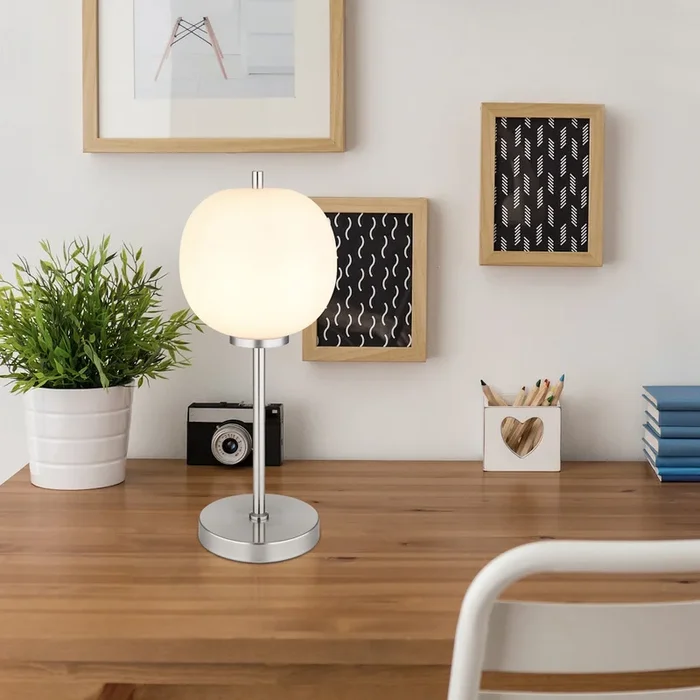 Lampada da Tavolo Blacky Design Moderno in Acciaio Satinato e Vetro Opale