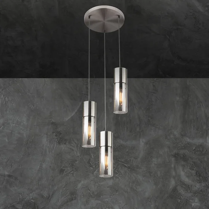 Lampadario a Sospensione Annika 3 Luci Acciaio Satinato e Vetro Fumè Ø 30 cm