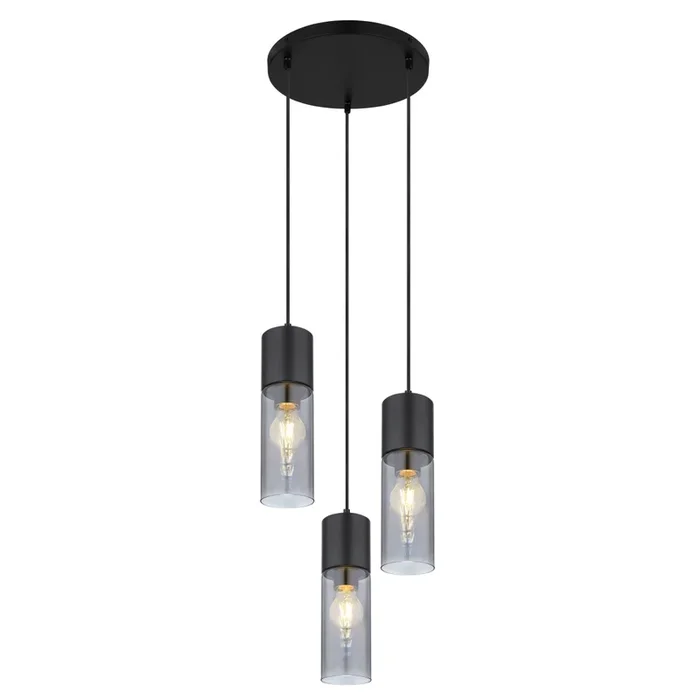 Lampadario a Sospensione Annika 3 Luci Nero con Cilindri in Vetro Fumè Ø 30 cm
