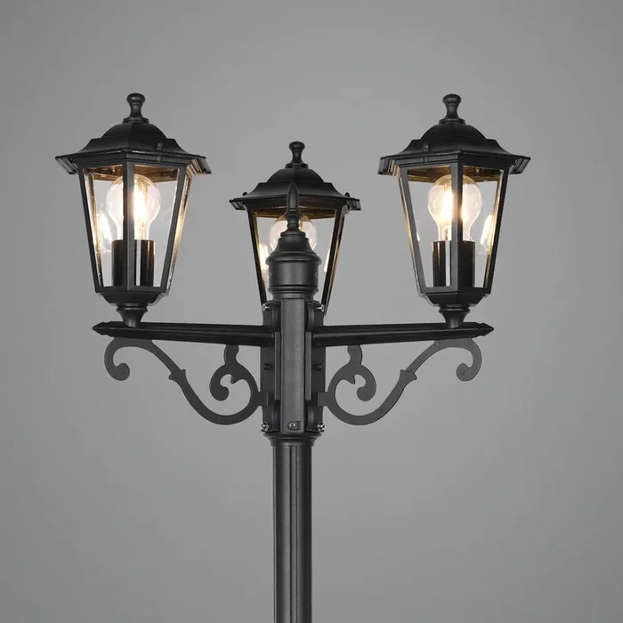 Lampione da giardino nero con 3 lanterne esagonali IP44 H200cm