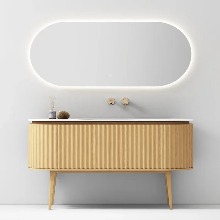 Mobile Bagno 140 cm A Terra Rovere Chiaro Specchio Ovale Retroilluminato – Reid