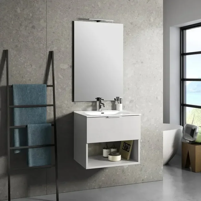 Mobile Bagno 60cm Sospeso Con Cassetto, Vano E Specchio