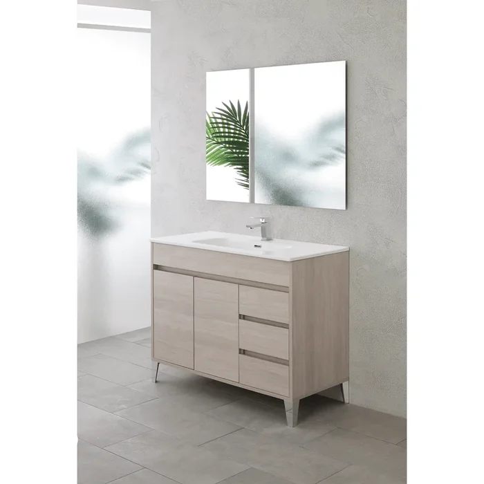 Mobile Bagno a Terra 102 Cm Due Ante Tre Cassetti Specchio Su Telaio 100×80 Cm Feridras “Mondo 2.0 ” Rovere Chiaro