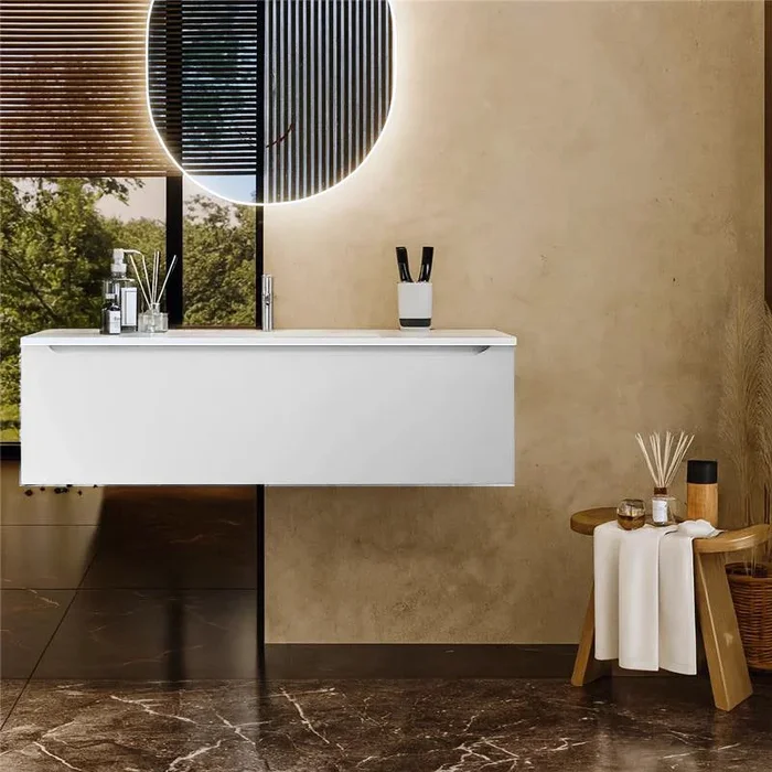 Mobile Bagno bianco opaco 120×50 Amalfi Un Cassetto E Lavabo Integrato In Mineralmarmo
