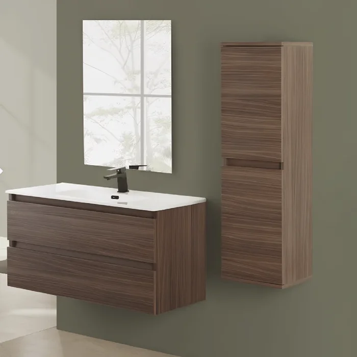 Mobile Bagno Sospeso 100 Cm Due Cassetti Specchio a Filo 80×60 Cm Feridras “Revital ” Noce Canaletto