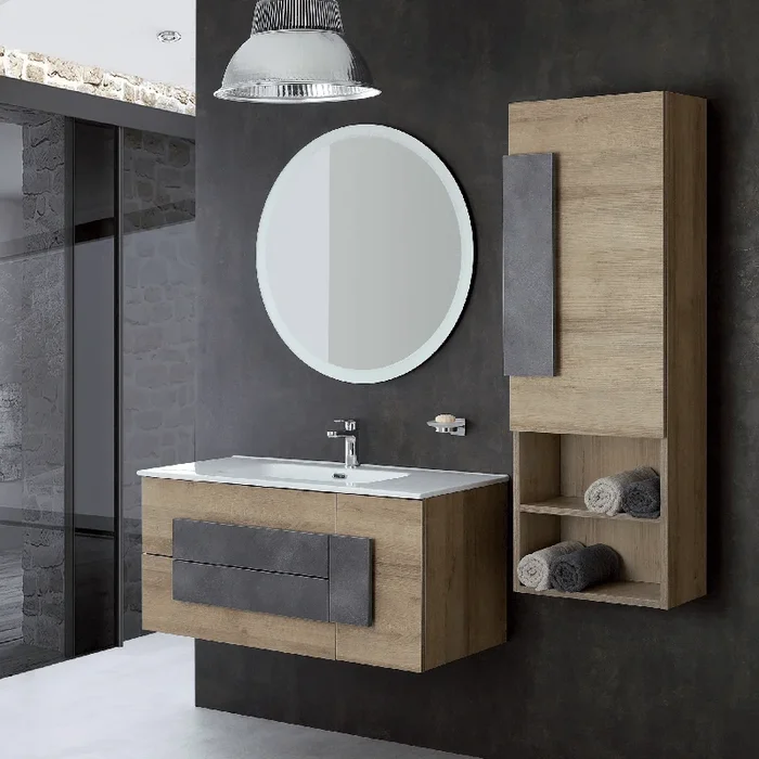 Mobile Bagno Sospeso 100 Cm Due Cassetti Un’Anta e Specchio Tondo Diametro 80 Cm Feridras “Urban ” Rovere