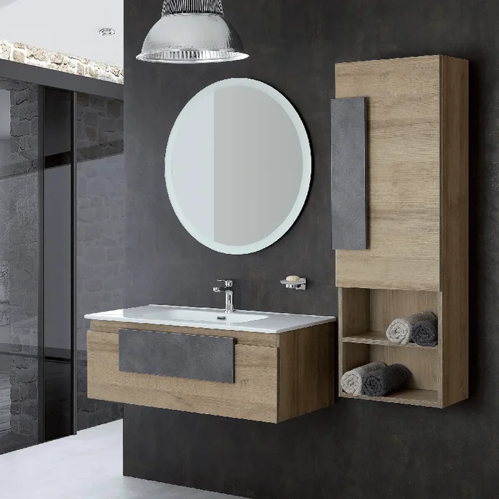 Mobile Bagno Sospeso 100 Cm Un Cassetto Specchio Tondo Diametro 80 Cm Feridras “Urban ” Rovere