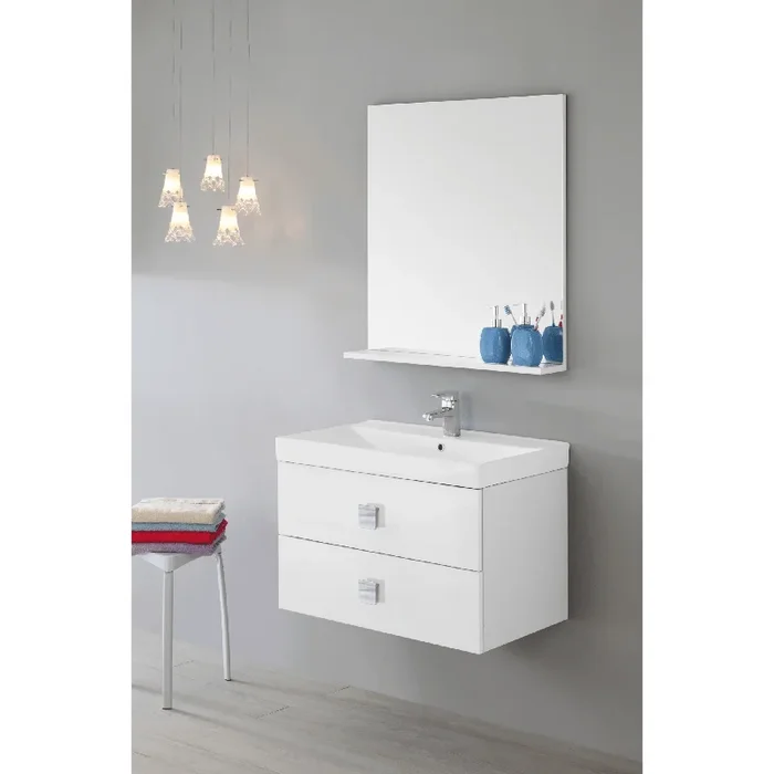 Mobile Bagno Sospeso 75 Cm Due Cassetti Specchio Con Mensola 74×80 Cm Feridras “Bravo ” Bianco Lucido/Bianco Laccato