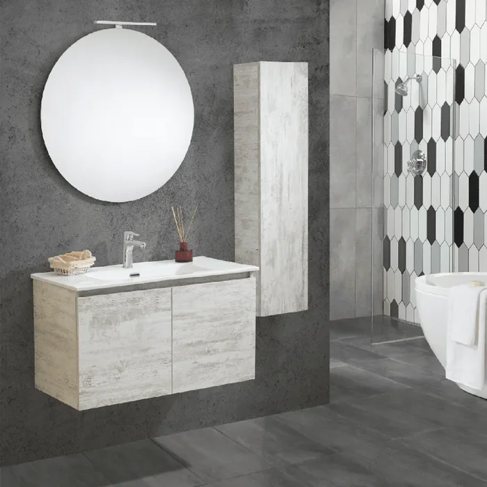 Mobile Bagno Sospeso 90 Cm Due Ante Specchio Con Lampada Led Diametro 80 Cm Esseci Arredo Bagno “Vulcano Ante “