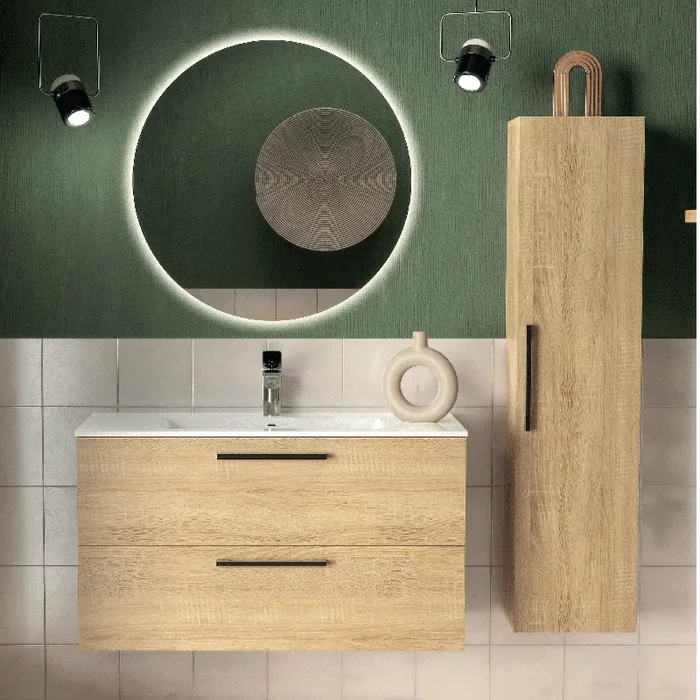 Mobile Bagno Sospeso Due Cassetti Specchio Retroilluminato Tondo 80 Cm Esseci Arredo Bagno “Simona “