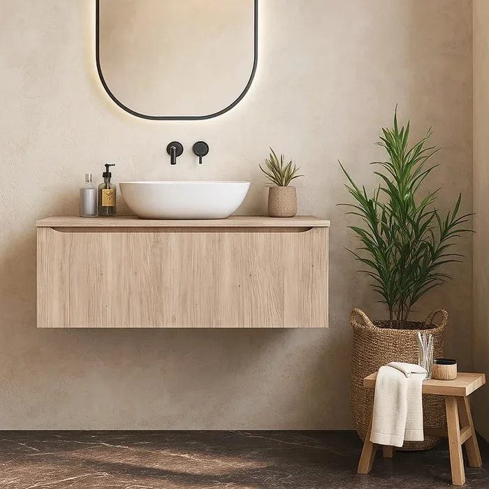 Mobile Bagno Teak 120×50 Amalfi Con Un Cassetto e Lavabo da appoggio in ceramica