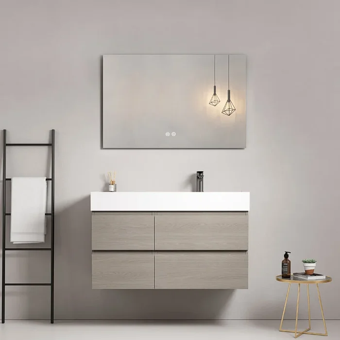Mobile River bagno sospeso 100 cm Beige Lavabo a Destra in Resina Specchio Quadro – Fiji Wood