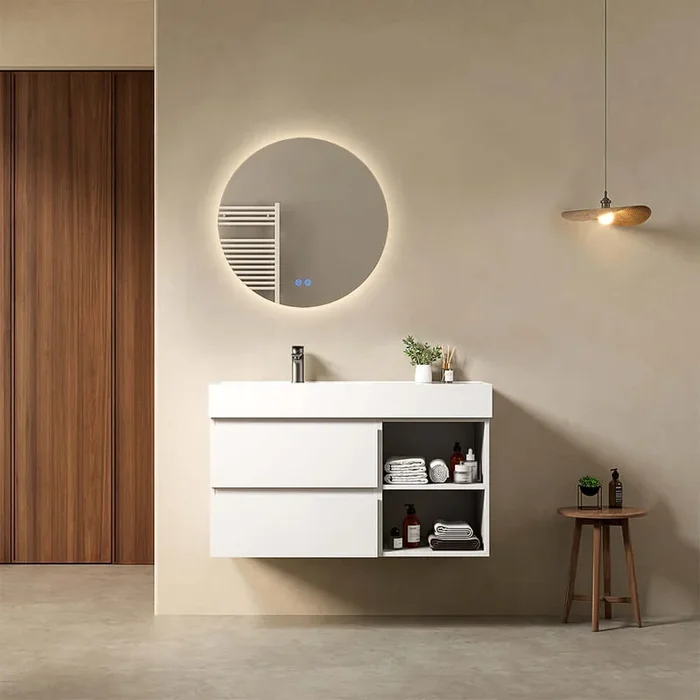 Mobile River bagno sospeso 100 cm Bianco Lavabo a Sinistra in Resina Specchio Tondo Retroilluminato – Fiji Paint Plus