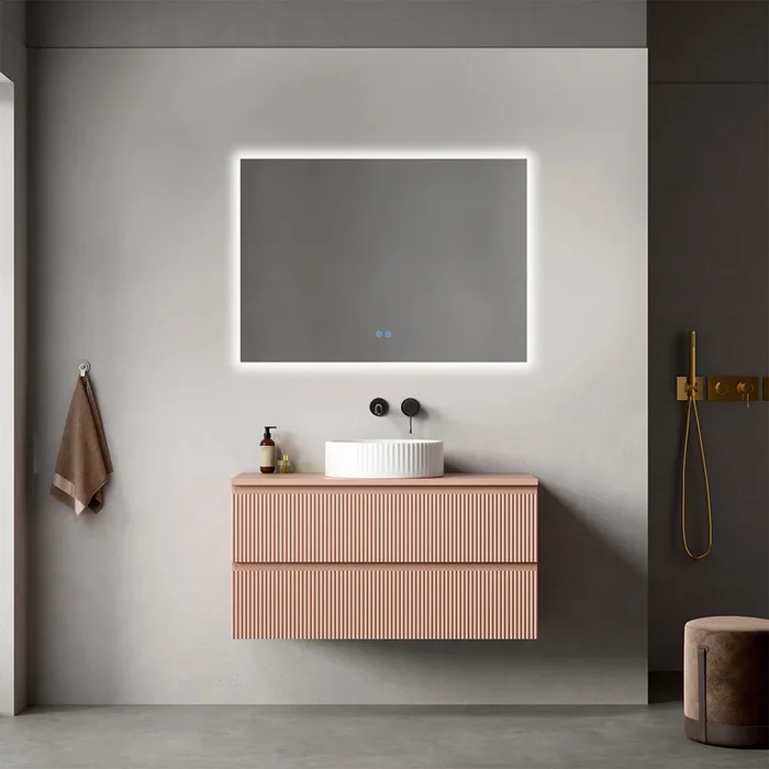 Mobile River bagno sospeso cannettato 100 cm Rosa Retrò per Lavabo d’appoggio Specchio Quadro Retroilluminato – Fiji Paint Top Canneté