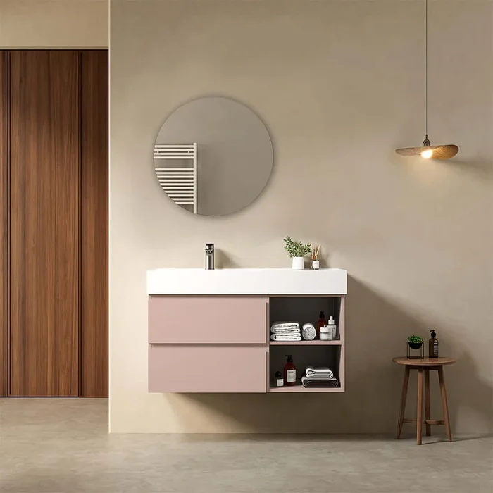 Nomadic bagno sospeso 100 cm Rosa Retro Lavabo a Sinistra in Resina Specchio Tondo – Fiji Paint Plus