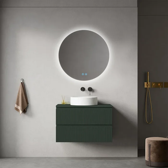 Peregrine bagno sospeso cannettato 80 cm Verde Comodoro per Lavabo d’appoggio Specchio Tondo Retroilluminato – Fiji Paint Top Canneté