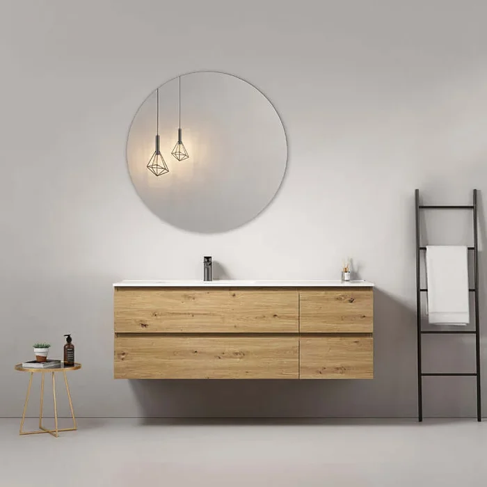 Roving bagno sospeso 140 cm Bruno Medio Lavabo a Sinistra in Resina Specchio Tondo – Fiji Wood