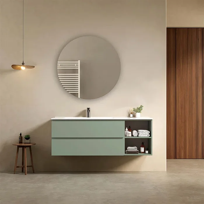 Roving bagno sospeso 140 cm Verde Salvia Lavabo a Sinistra in Resina Specchio Tondo – Fiji Paint Plus
