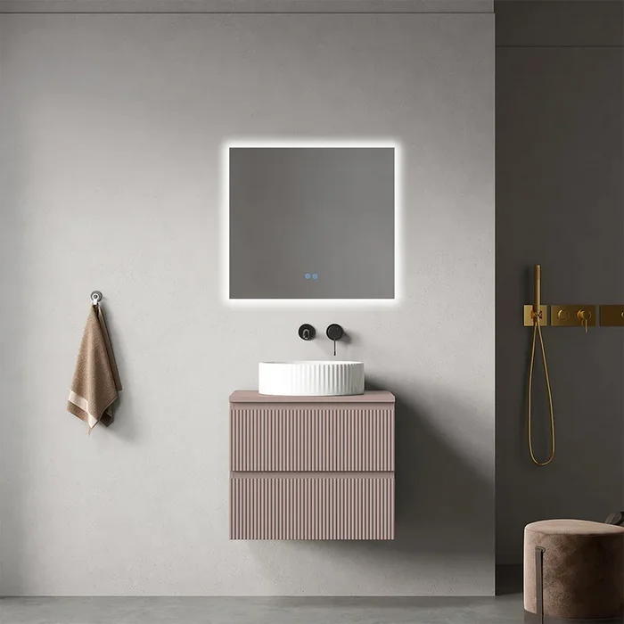 Roving bagno sospeso cannettato 60 cm Rosa Retrò per Lavabo d’appoggio Specchio Quadro Retroilluminato – Fiji Paint Top Canneté