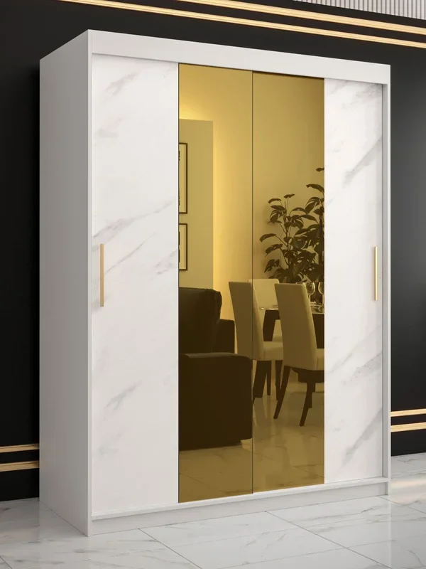 Straordinario armadio con aspetto marmoreo Hochfeiler 35, colore: bianco / marmo bianco – Dimensioni: 200 x 150 x 62 cm (A x L x P), con cinque scomparti e due specchi