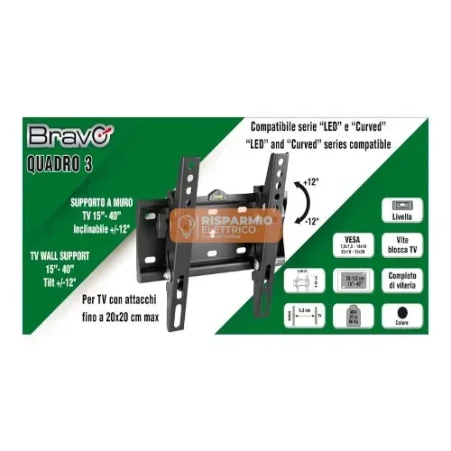SUPPORTO TV INCLINABILE BRAVO QUADRO 3 V2 – 15″-40″ FISSO, NERO – 92402634