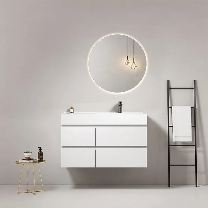 Wandering bagno sospeso 100 cm Bianco Lavabo a Destra in Resina Specchio Tondo Retroilluminato – Fiji Paint