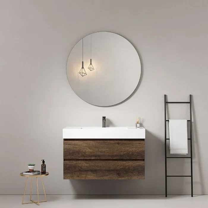 Wandering bagno sospeso 100 cm Bruno Scuro Lavabo in Resina Specchio Tondo – Fiji Wood