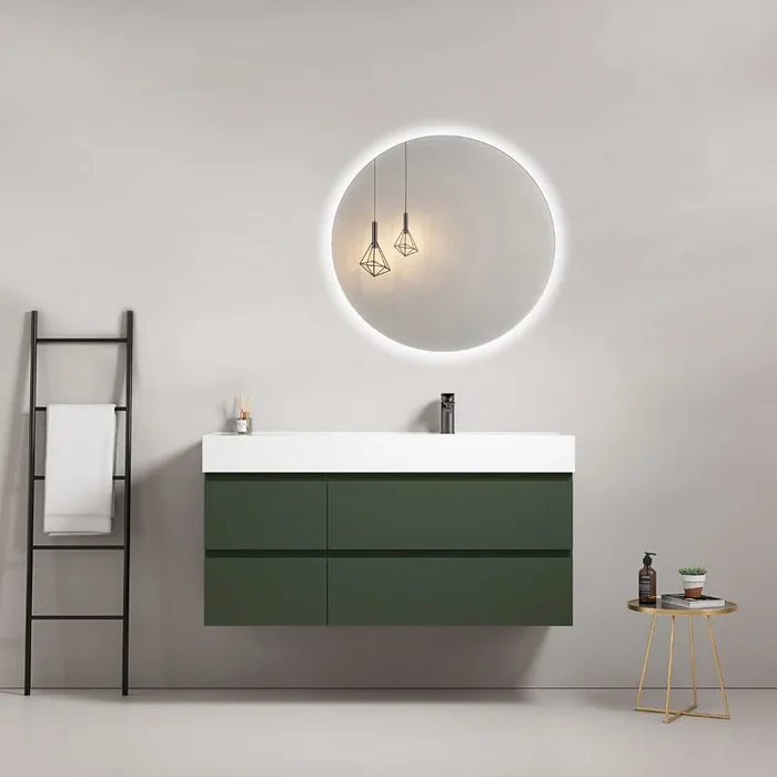 Wandering bagno sospeso 120 cm Verde Comodoro Lavabo a Destra in Resina Specchio Tondo Retroilluminato – Fiji Paint
