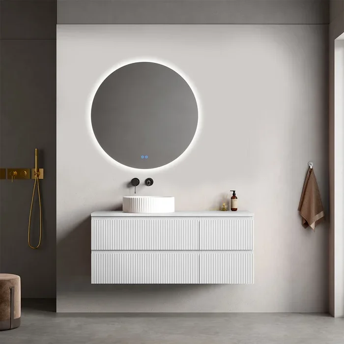 Wandering bagno sospeso cannettato reversibile 120 cm Bianco Opaco per Lavabo d’appoggio Specchio Tondo Retroilluminato – Fiji Paint Top Canneté
